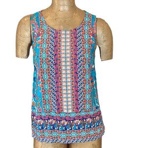 Cynthia Rowley Sleeveless Rayon Colorful Print Tank Top Button Back S #35L
